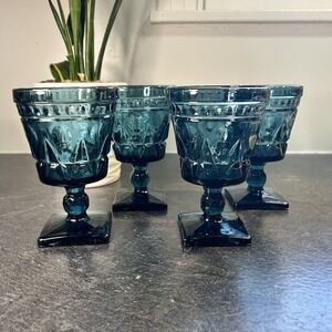 Colony By Indiana Glass Park Lane Blue Glass Water Goblet 5.5" Set Of 4
